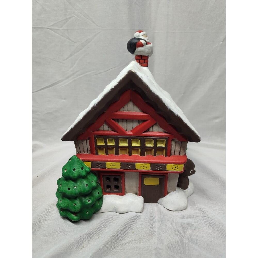 Vintage Painted Ceramic Mold Christmas House Cabin Tree Santa Chimney 9.5”x 9”